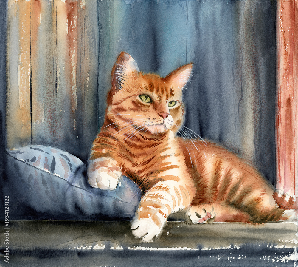 Obraz premium Watercolor illustration of a cute ginger cat lying on a gray-blue pillow against a wooden wall (Hand drawn, NOT AI)