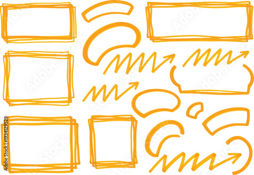 Set of 9 orange hand drawn frames and arrows vector