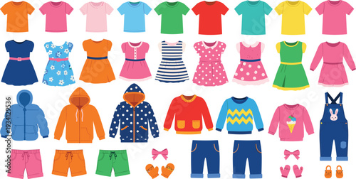Kids clothing vector collection with t shirts dresses jackets shorts sweaters and accessories