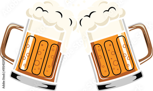 Two Frothy Beer Mugs Toasting with Foam Bubbles Vector Illustration for Brewery Branding, Pub Menu Designs, and Oktoberfest Holiday Celebration Graphics