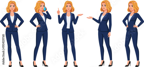 Professional businesswoman character set in blue suit, corporate female employee showing different gestures isolated on white background illustration