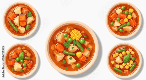 Assorted bowls of stew with vegetables and corn, viewed from directly above in a clean environment