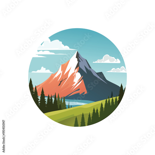 Mountain landscape design with nature elements within a circle