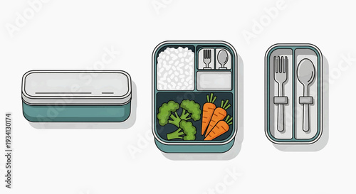 Lunchbox with utensils, food, and compartments viewed from the front showcasing meal preparation