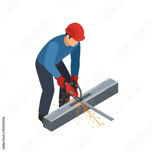 Worker Cutting Metal with Power Saw.