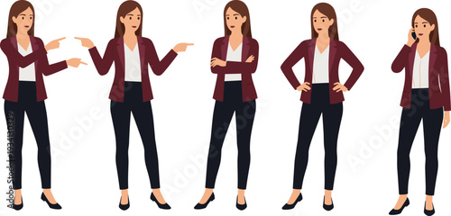 Professional businesswoman character set showing discussion and phone conversation, corporate female employee illustration isolated on white background