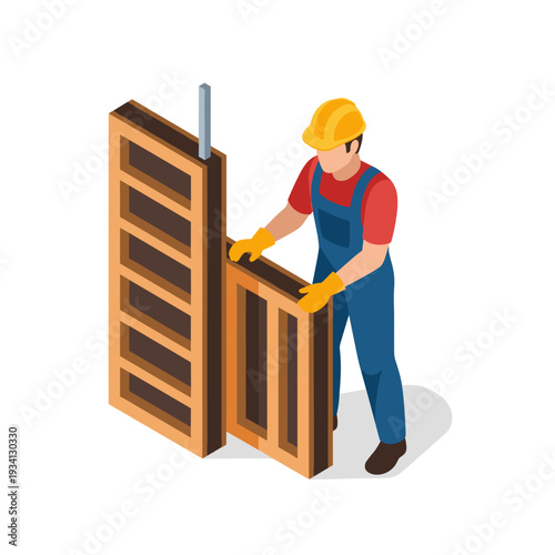 Worker Assembling Wooden Shelves Unit.