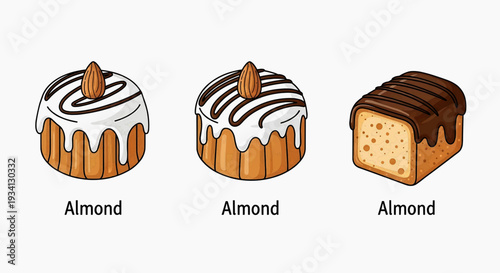 Assorted almond desserts with icing and nuts displayed on a clean white background from a front viewpoint