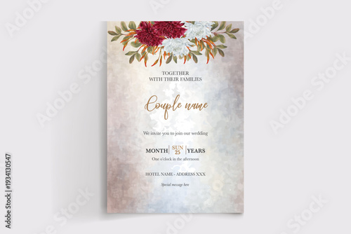 WEDDING INVITATION FRAME WITH FLOWER DECORATIONS AND FRESH LEAVES
