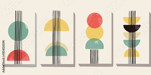 Abstract geometric shapes in warm and cool color palettes create modern art