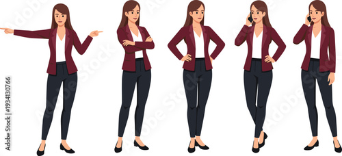 Professional businesswoman character set showing pointing and phone conversation gestures, corporate female employee isolated on white background illustration