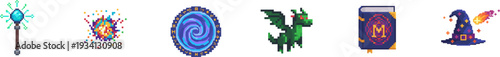 Collection of fantasy game pixel art icons on white background.
