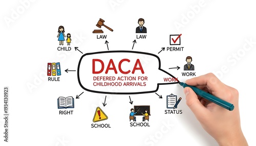 DACA deferred action concept diagram with hand writing work, showing immigration status, permits, school, rights, laws and rules featuring United States, dreamers, undocumented with residency and