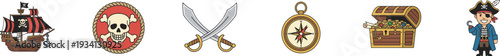 Pirate themed icons including ship, skull, swords, and treasure chest.
