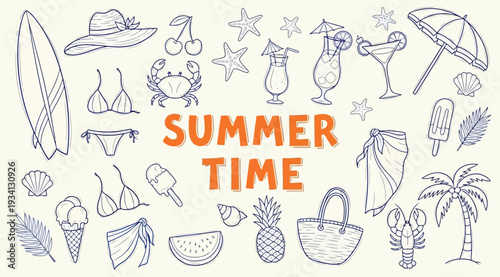 A colorful illustration of various summer icons and objects on a beige background with the words summer time in the center