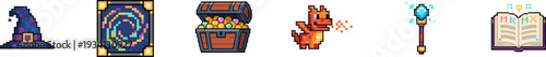 Fantasy role playing game pixel art icons on a white background.