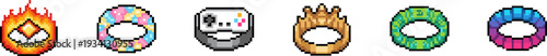 Collection of pixel art fantasy game rings with elemental symbols.