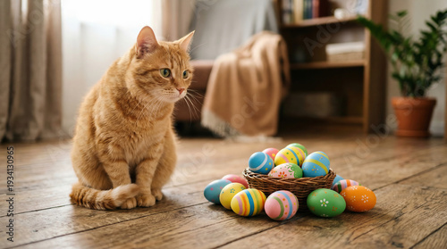 Ginger cat sitting beside colorful Easter eggs on a wooden floor, creating a cozy and playful spring holiday scene at home.