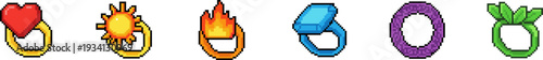 Pixel art icons of fantasy game items and a treasure chest.