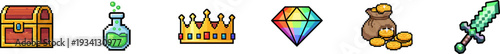 Collection of pixel art icons featuring treasure chests and items.