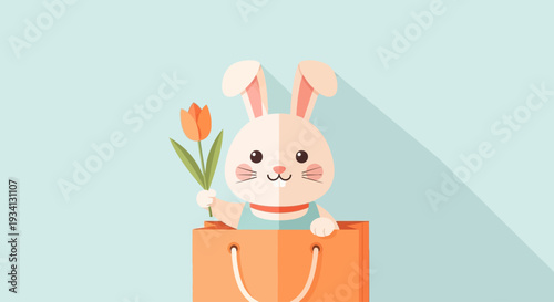 A cute cartoon bunny holding a flower and peeking out of a shopping bag