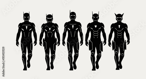 A group of superheroes in black and white costumes standing together in unison