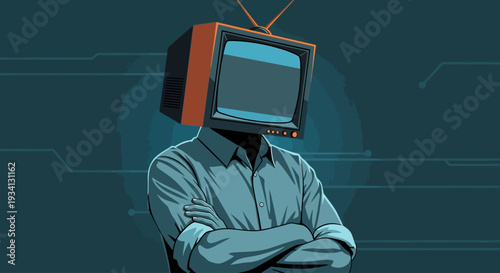 A man with a television for a head stands confidently with his arms crossed