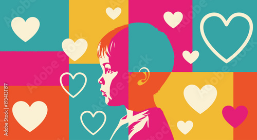 A colorful illustration of a young girl surrounded by hearts and vibrant squares