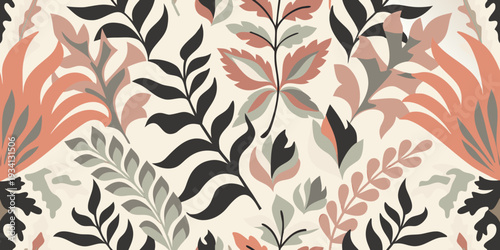 Stylized botanical illustration with overlapping leaves in muted tones