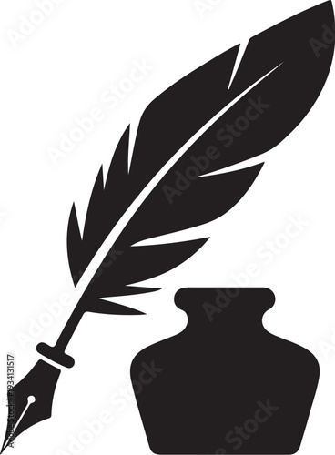 Black feather quill pen and inkwell