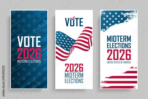United States Midterm Elections 2026 Flyers Set with American Flag for political campaign graphic designs. Vector Illustration.