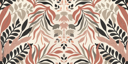 Symmetrical floral pattern with abstract leaves in muted earth tones