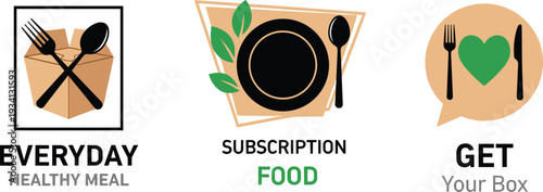 Healthy Meal Subscription Service Icon Set Featuring Eco Friendly Food Box Delivery Graphics for Wellness Apps, Nutrition Websites, and Organic Catering Brand Identity