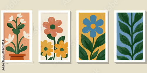 Four botanical illustrations featuring different flowers and foliage designs