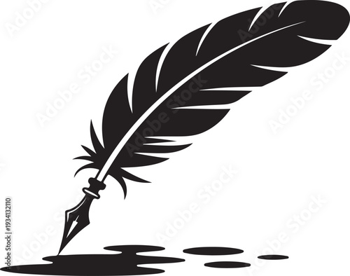 Black feather quill pen writing on white background