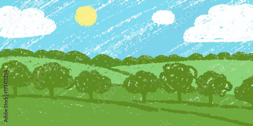 A cheerful landscape with rolling green hills trees and a bright sun