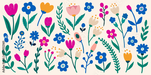 A colorful and whimsical illustration of various stylized floral arrangements