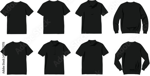 Eight black silhouette illustrations of various t-shirts and sweaters Keywords: t-shirt, shirt, sweater, clothing, apparel