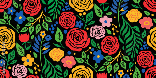 Vibrant floral pattern featuring roses and smaller blossoms on black