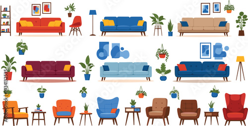 Living room furniture vector collection with sofas armchairs plants and modern home interior decor