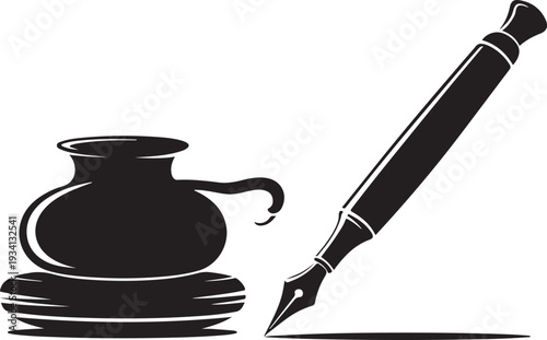 Black inkwell and fountain pen on white background