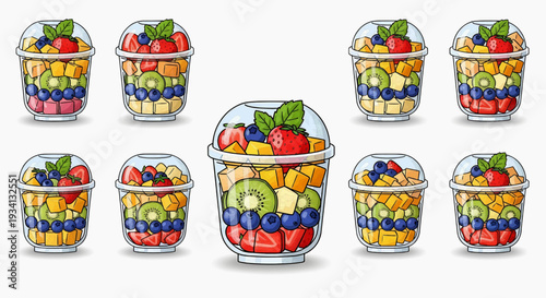 Collection of fruit cups with assorted fruits displayed from a top-down viewpoint