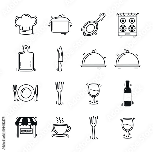 Collection of hand-drawn icons representing kitchen and restaurant elements