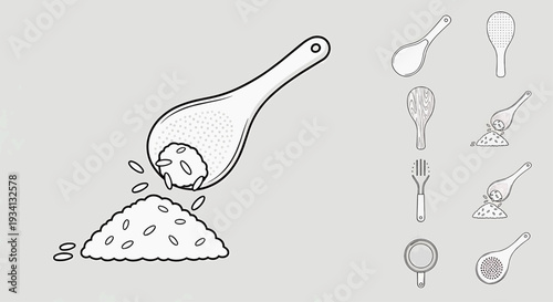 A sifter pours flour onto a pile, surrounded by various kitchen utensils in a simple line art illustration from a straightforward viewpoint.
