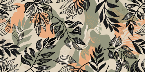 Stylized tropical leaves create a seamless botanical patterned background