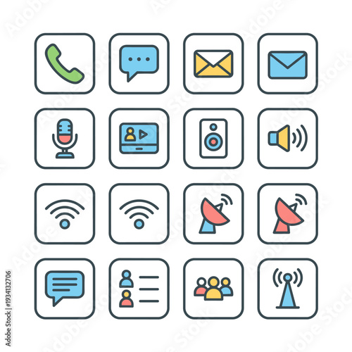 Collection of communication and media icons in a grid layout