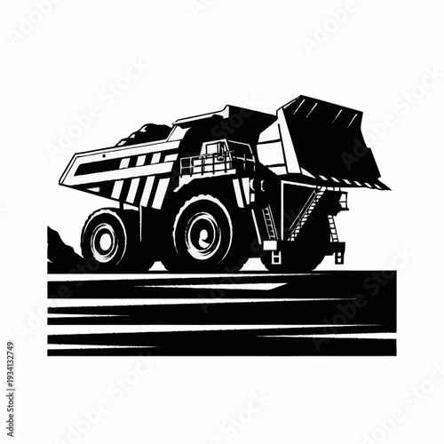 Heavy-duty mining dump truck in black and white illustration.