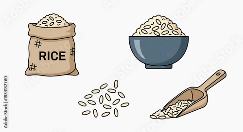 Rice grains spilling from a sack into a bowl and scoop, showcasing food items and kitchen utensils in a simple illustration.