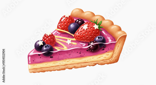 A slice of fruit tart with vibrant purple filling and mixed berries on top, viewed from a slight angle
