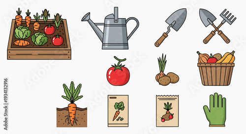 Gardening tools and fresh produce arranged neatly on a clean white background from a straightforward viewpoint